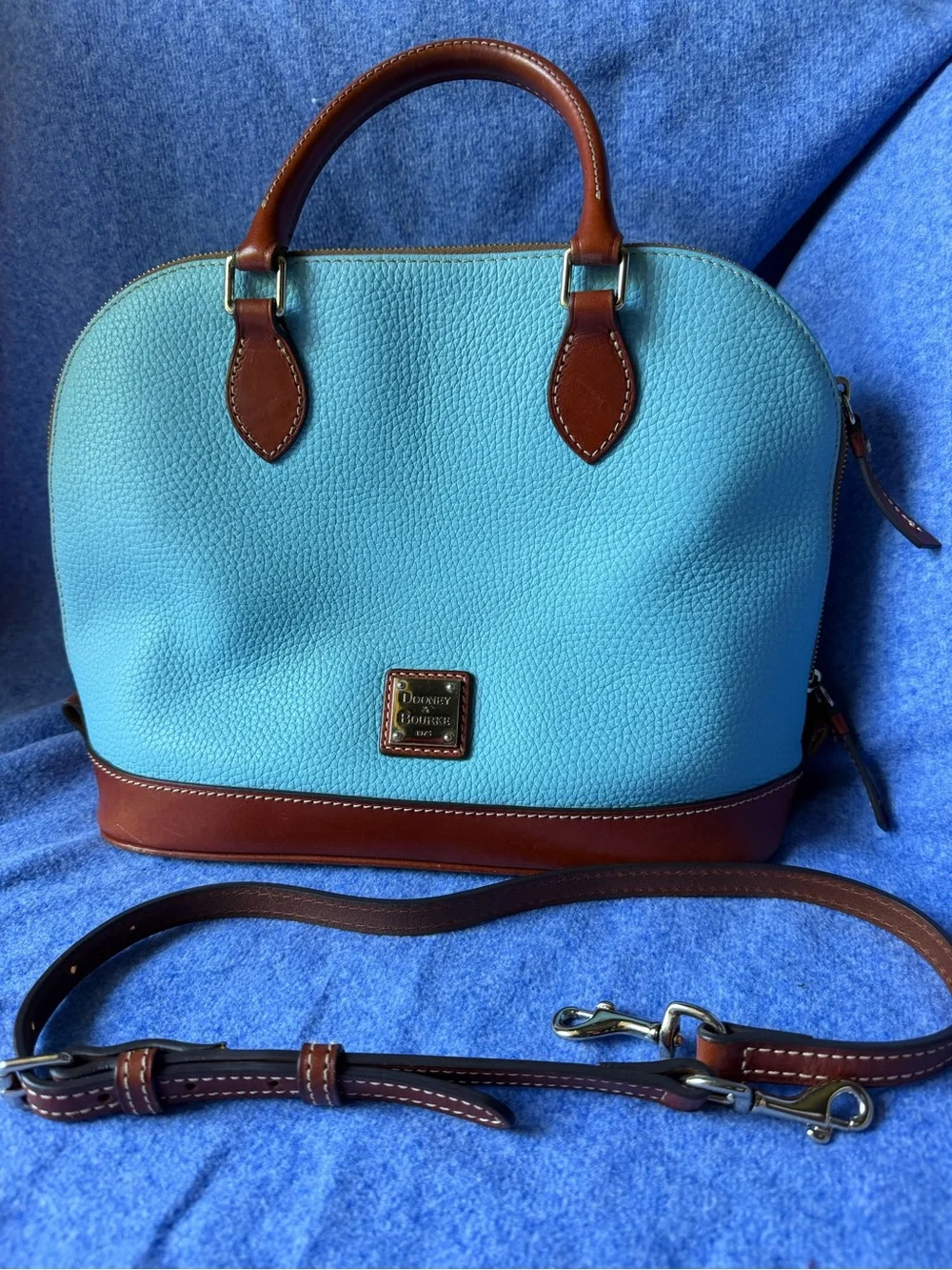 Dooney & Bourke Aqua Pebbled Leather Satchel with Brown Trim